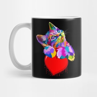 Cute Colorful Cat Hugging Dripping Heart Mug